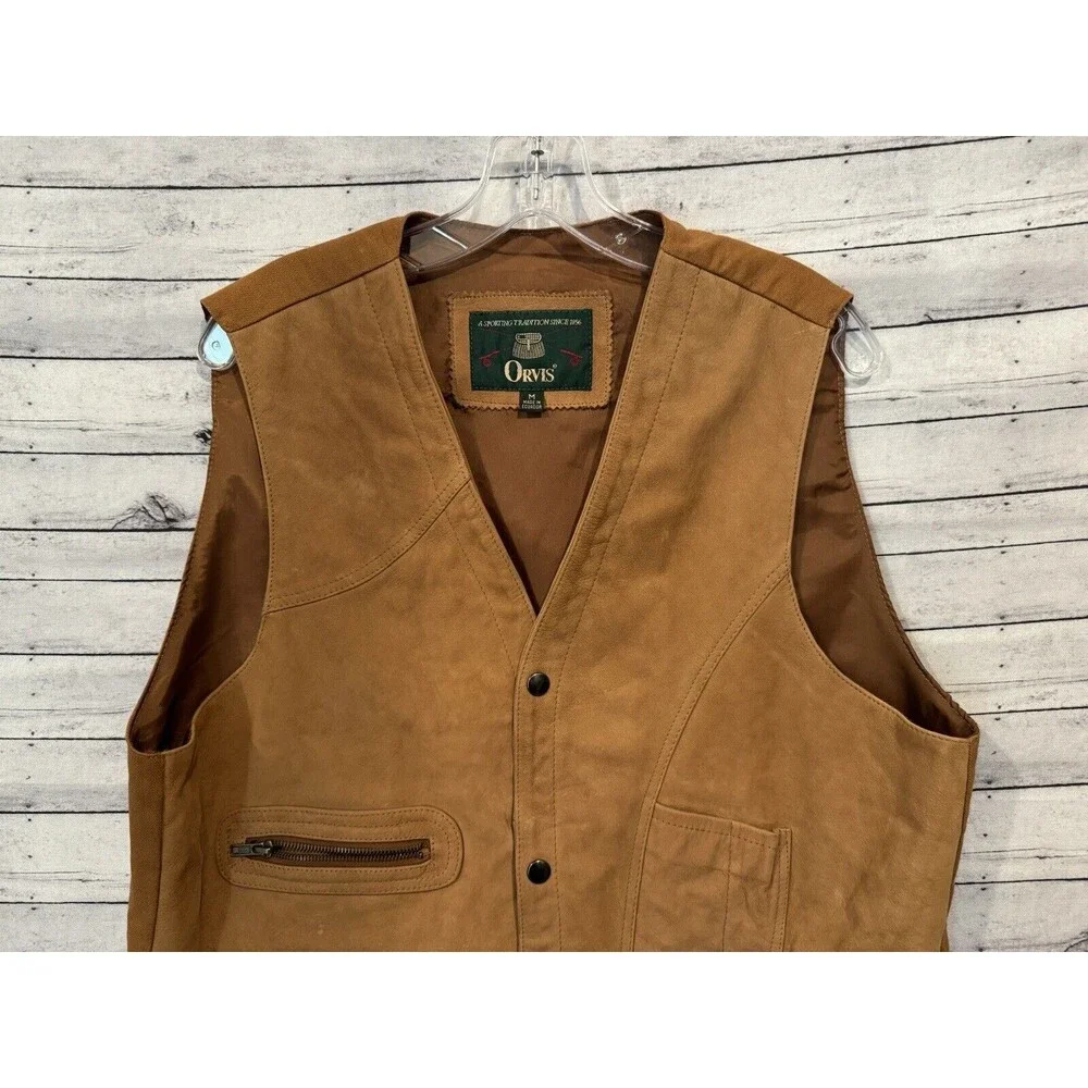 ORVIS Mens Leather Hunting Vest Sz M Safari Utility Snap Button Brown Vintage